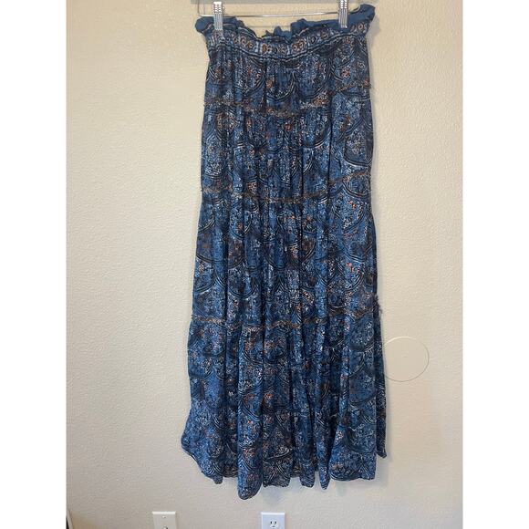 Free People Boho Cottage Core Blue Printed Tiered Linen Blend Maxi Skirt Small - Picture 11 of 16